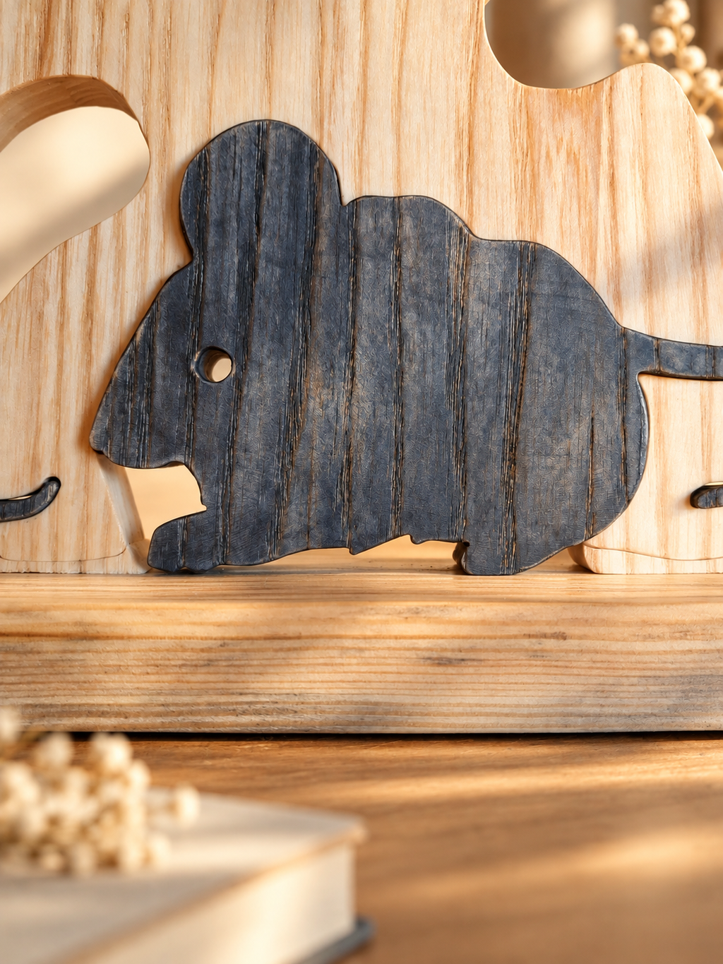 Holzskulptur „Käsediebe“, Maus- und Käse-Deko