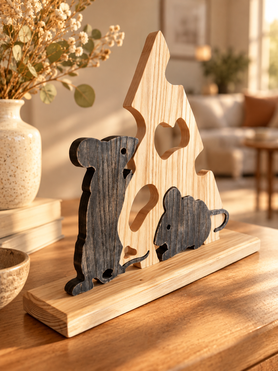 Holzskulptur „Käsediebe“, Maus- und Käse-Deko