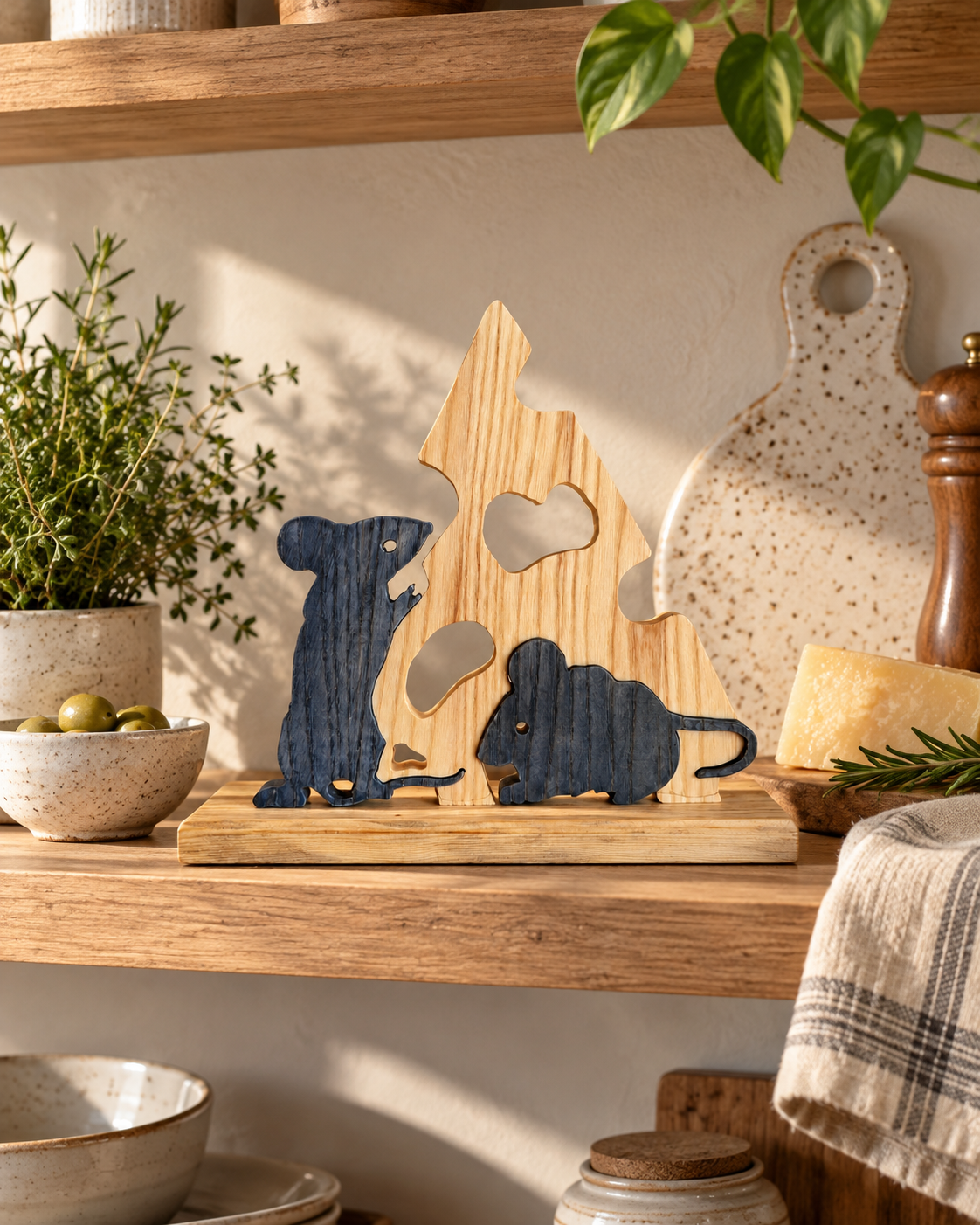 Holzskulptur „Käsediebe“, Maus- und Käse-Deko